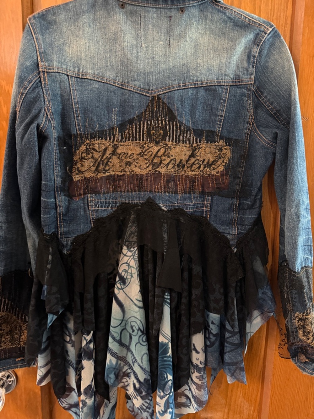Miss Lili Blue Denim Jacket with Black Lace & Printed Fringe - Picture 3 of 5